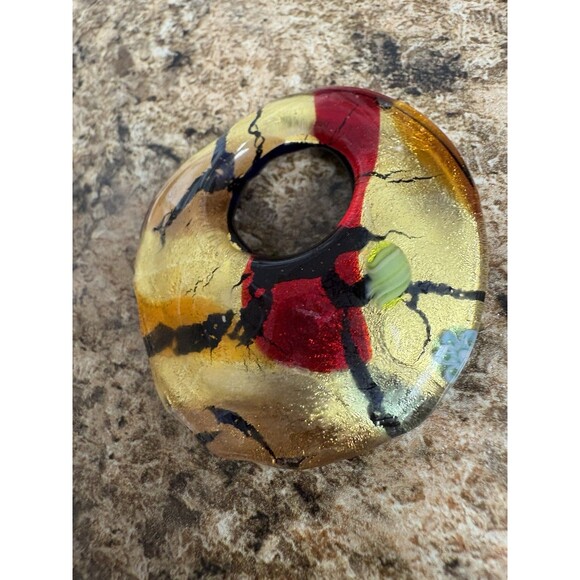 Blown Glass Circle Pendant Necklace Red Yellow ~2” - Picture 5 of 6